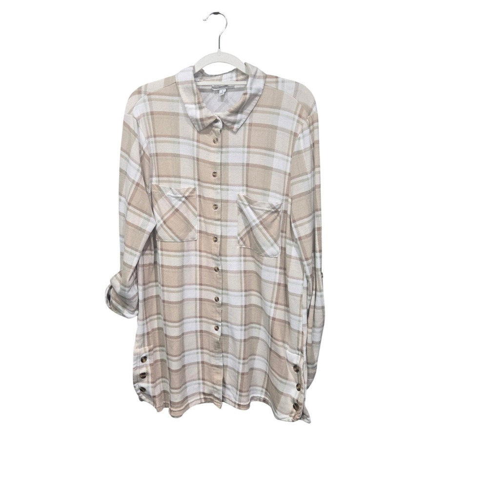 Sabrina Lauren Plaid Button Down Shirt Womens Large Tan White Roll Tab Sleeves